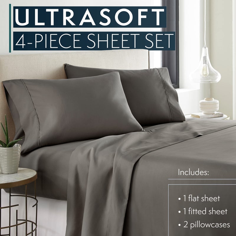 HC COLLECTION Bed Sheets Cal King, Hotel Luxury Platinum 1800 Series Brushed Microfiber Flat Sheet Deep Pocket Fitted Sheet and 2 Envelope Pillowcases, Ultra Soft 4 Pcs Bedding for Hot Sleepers, Gray - Image 2
