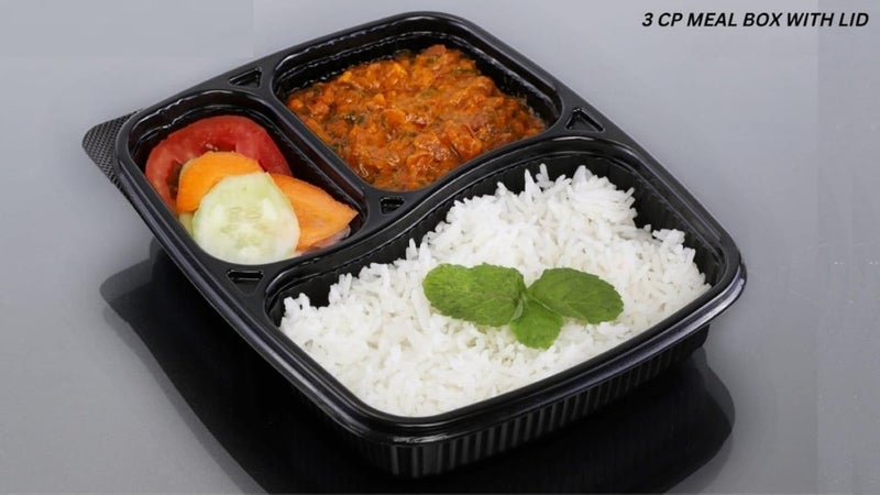 SHOP  SHOPPEE SHOP & SHOPPEE Unbreakable Meal Plate with Lid & 3 Compartment, Leak-Resistant, BPA Free,Food Grade Dinner Plate for Food Delivery/Party/Packaging (100 Plates with lids, Microwave Safe, Black) - Image 3