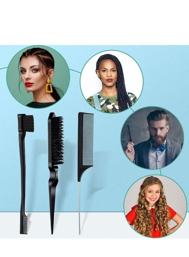 اترجسز 3 قطعة الانزلاق مرة أخرى مجموعة فرشاة الشعر فرشاة حافة السيطرة إغاظة مشط مشط ذيل الفأر ، مناسبة للسيدات والأطفال الشعر ( أسود ) - Image 4