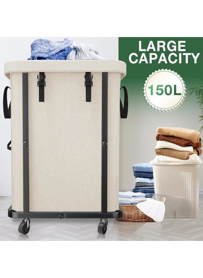 kunlabori 40 Gal(150L) High Grade Large Laundry Basket with Wheels, Rolling Laundry Hamper, Laundry Cart with Metal Frame and Removable Bag Design, Suitable for Laundry Room, Bedroom, Dorm Room (White, 150L) - Image 2