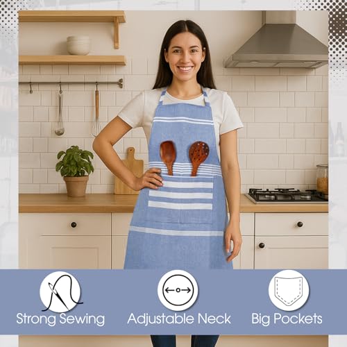 Värde Waterproof Unisex 2 Peices Kitchen Striped Design Apron with 2 Front Centre Pocket With Adjustable Neck Strap (Team-1) - Image 5