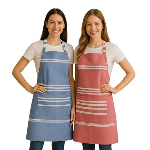 Värde Waterproof Unisex 2 Peices Kitchen Striped Design Apron with 2 Front Centre Pocket With Adjustable Neck Strap (Team-1) - Image 1