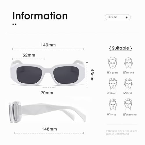 kimorn Rectangle Sunglasses for Women Men Trendy Retro Trendy Sun Glasses 90’s Vintage Square Frame K1307 (White Sunglasses) - Image 3