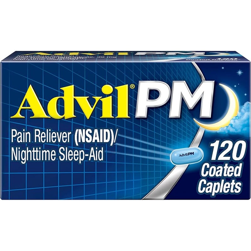 Advil PM Pain Reliever And Nighttime Sleep Aid, Pain Medicine With Ibuprofen For Pain Relief And Diphenhydramine Citrate For A Sleep Aid - 120 Coated Caplets - Image 1