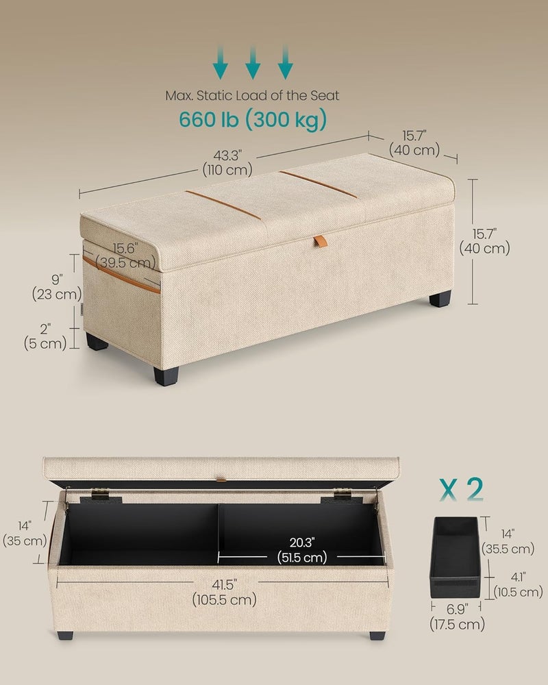 SONGMICS Storage Ottoman Bench, Storage Chest, 15.7 x 43.3 x 15.7 Inches, End of Bed Bench, 27 Gal. (103 L), for Bedroom, Entryway, Living Room, Cappuccino Beige - Image 3