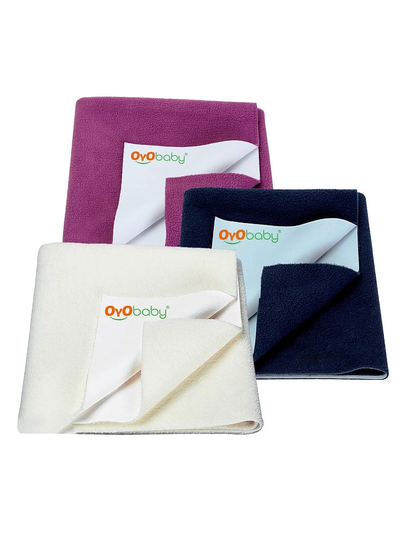 OYO BABY - OYO BABY Anti-Piling Fleece Extra Absorbent Instant Dry Sheet for Baby, Baby Bed Protector, Waterproof Baby Sheet, Large Size (100x140cm-Pack of 3 Dark Sea Blue, Ivory & Rani Pink - Image 1