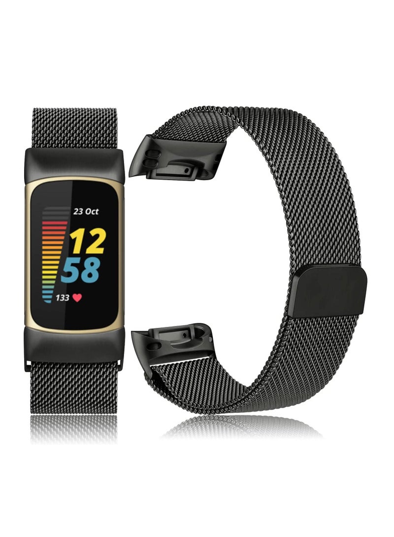 Metal Band Bands Stainless for Fitbit Charge 5 Advanced Fitness Health Tracker Smartwatch Stainless Steel Mesh Loop Adjustable Magnetic Clasp Wristband Strap Replacement (Black) - Image 1
