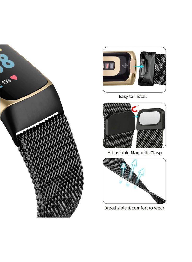 Metal Band Bands Stainless for Fitbit Charge 5 Advanced Fitness Health Tracker Smartwatch Stainless Steel Mesh Loop Adjustable Magnetic Clasp Wristband Strap Replacement (Black) - Image 4