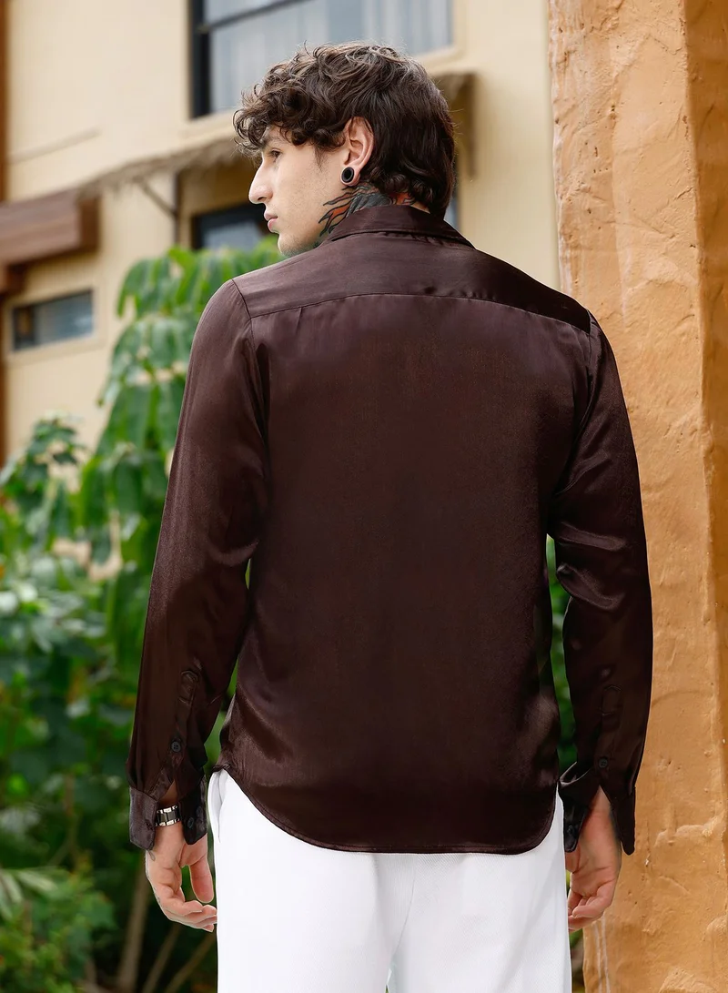Campus Sutra Campus Sutra Men Brushed-Satin Regular Shirt | Spread Collar Long Cuffed Sleeves | Button Closure Curved Hem | Solid Textured | Woven Fabric For Casual & Party Wear | Chocolate Brown