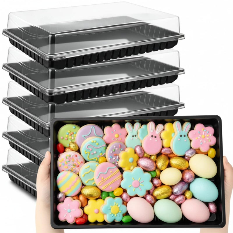 Shellwei 5 Pack Extra Large Easter & Spring Charcuterie Board with Lids, 15 x 10 Inch Plastic Catering Trays for Cookies, Desserts, Candy, Reusable Serving Platters for Travel Party - Image 1