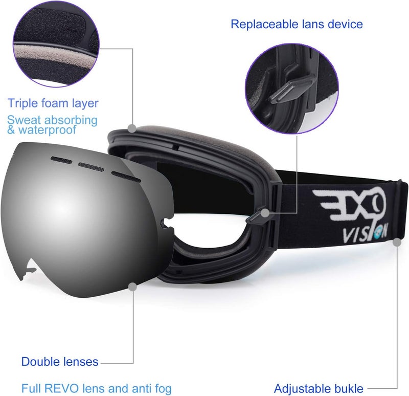 EXP VISION Snowboard Ski Goggles Men Women Youth, Anti Fog OTG Winter Snow Goggles Spherical Detachable Lens - Image 3