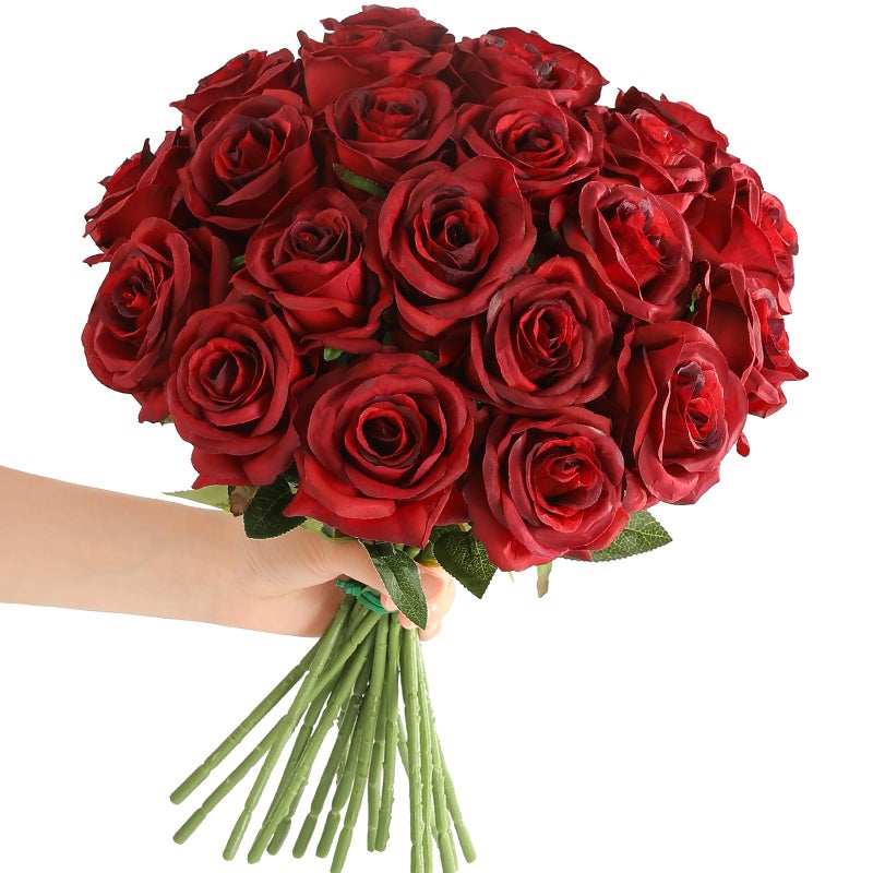 Tifuly Red Roses Artificial Flowers  12 pcs Realistic Long Stem Fake Roses Faux Silk Flowers for DIY Bouquets Wedding Centerpieces Arrangements Home Party DecorBurgundy
