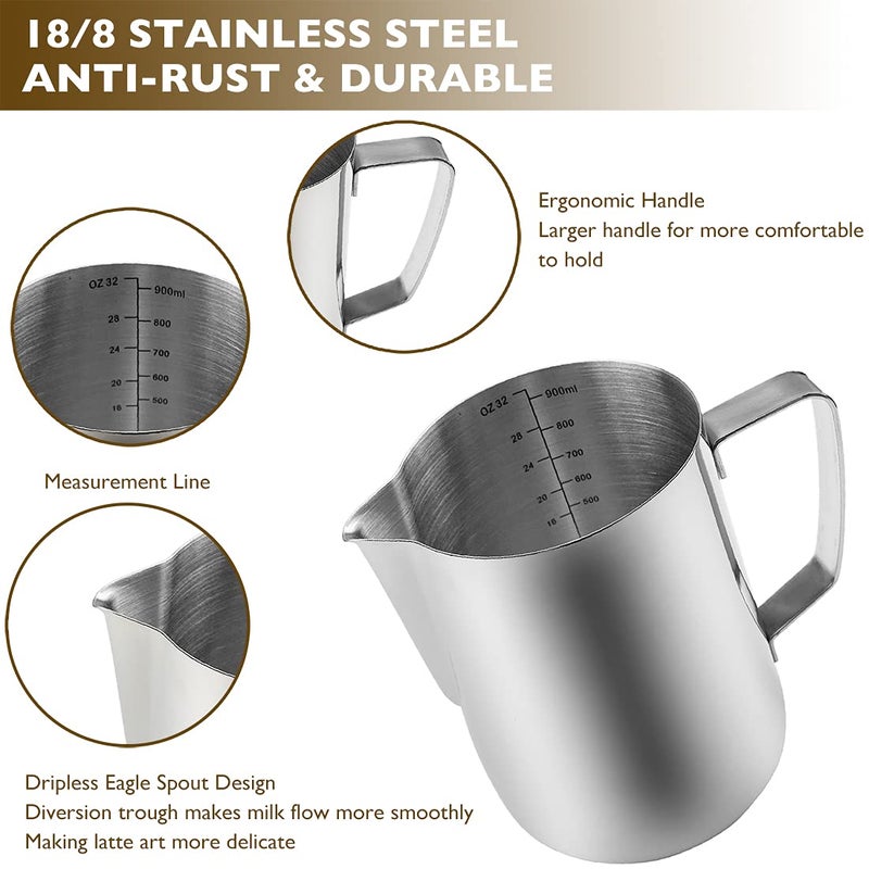 Camkyde Stainless Steel Milk Frothing Pitcher 32 Oz  Espresso Steaming Pitcher With Decorating Pen For Espresso Machines  Cappuccino  Latte Art - Image 4