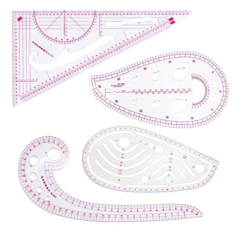 HLZC Fashion Clear Metric Sewing Ruler Set, French Curve Pattern Making Ruler Kit for Beginners Tailors Designers (4-Piece Set) - Image 1