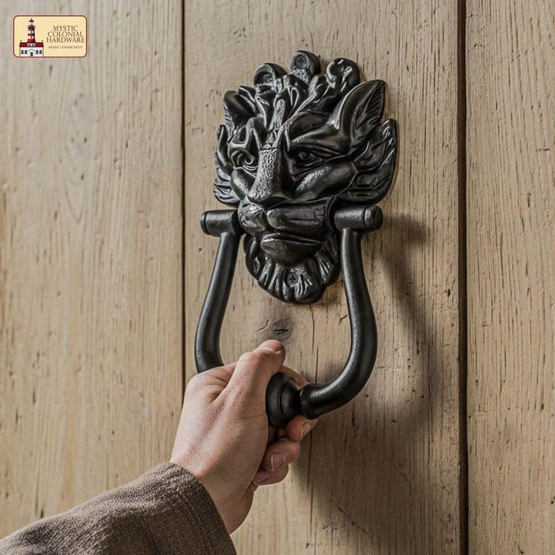 SaKeGa Medieval Cast Iron Lion Head Door Knocker 1 Pc - 8 in × 4.5 in (20.3 cm × 11.4 cm) Vintage Rustic Front Door Hardware | Decorative Medieval Entry Knocker with Mounting Screws - Image 5