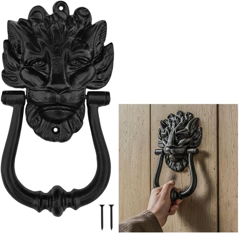 SaKeGa Medieval Cast Iron Lion Head Door Knocker 1 Pc - 8 in × 4.5 in (20.3 cm × 11.4 cm) Vintage Rustic Front Door Hardware | Decorative Medieval Entry Knocker with Mounting Screws - Image 1