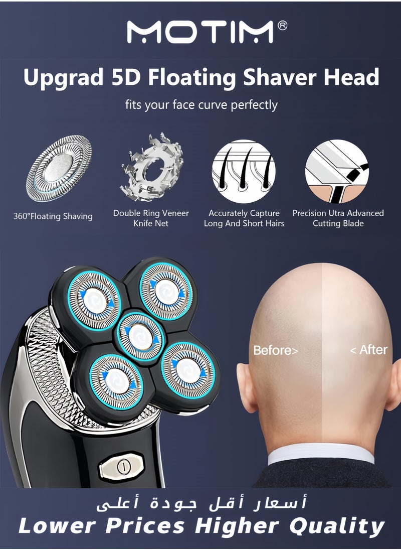 5-in-1 Electric Shaver Kit for Men Multifunctional Rotary Head & Face Grooming Kit Waterproof USB Rechargeable Cordless with LED Display