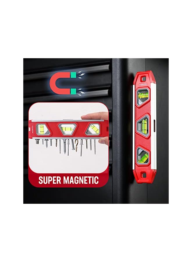 WORKPRO WORKPRO Magnetic Spirit Level 23 cm, Mini Spirit Level Magnetic Torpedo Level with 3 Vials 45°/90°/180°, Impact-Resistant Block Level, Aluminium Frame, Strong Magnet, Readable Top for Builders  - Image 2