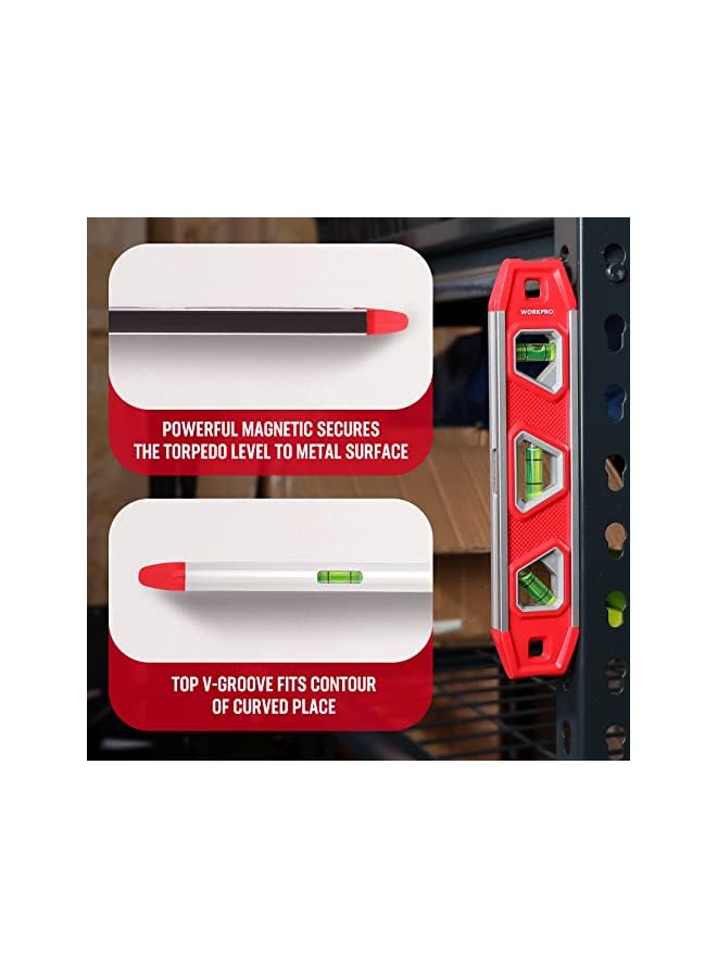 WORKPRO WORKPRO Magnetic Spirit Level 23 cm, Mini Spirit Level Magnetic Torpedo Level with 3 Vials 45°/90°/180°, Impact-Resistant Block Level, Aluminium Frame, Strong Magnet, Readable Top for Builders  - Image 3