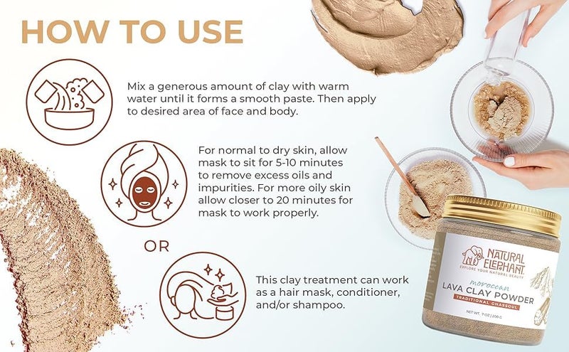 Natural Elephant Ghassoul (Rhassoul) Moroccan Lava Clay Powder | 100% Pure & Natural Face & Body Mask Powder | 200g (7 oz) Jar - Image 2