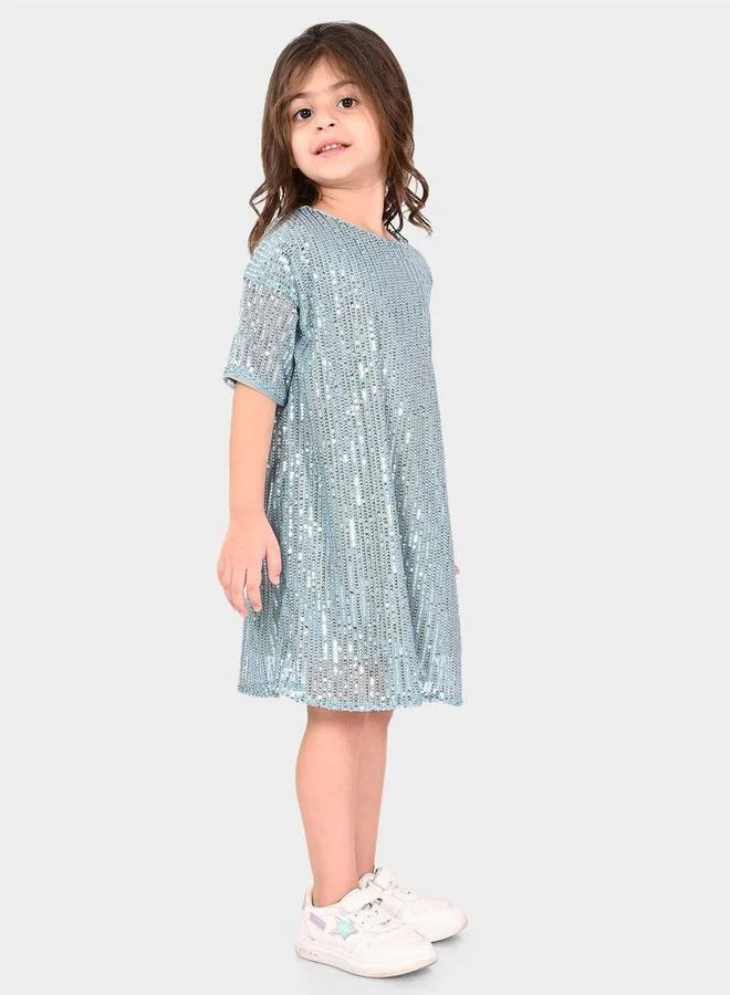 Bonkids Regular Fit Printed Light And Blue Cotton Dresses For Girls Round Neck Flat Collar Pull On 100 % Cotton