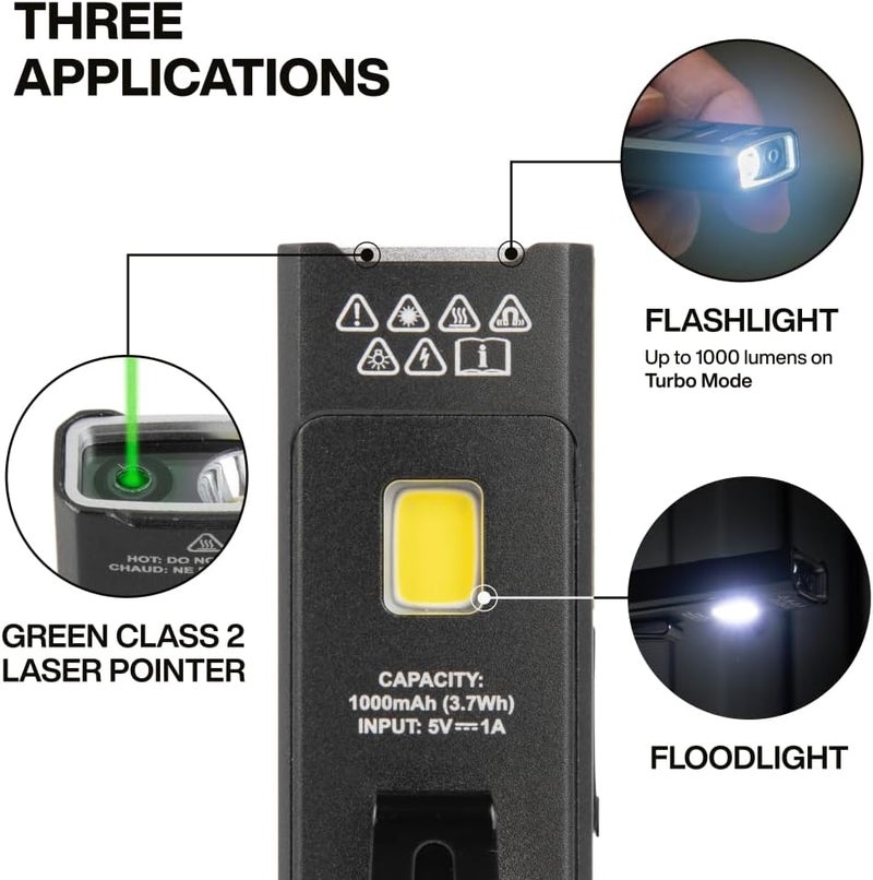 Klein Tools 56074 EDC Pocket Flashlight with Green Laser, Three Brightness Modes up to 1000 Lumens with Turbo Mode, Built-in Floodlight, <1mW, 510 to 530nm, Class 2, Rechargeable - Image 2