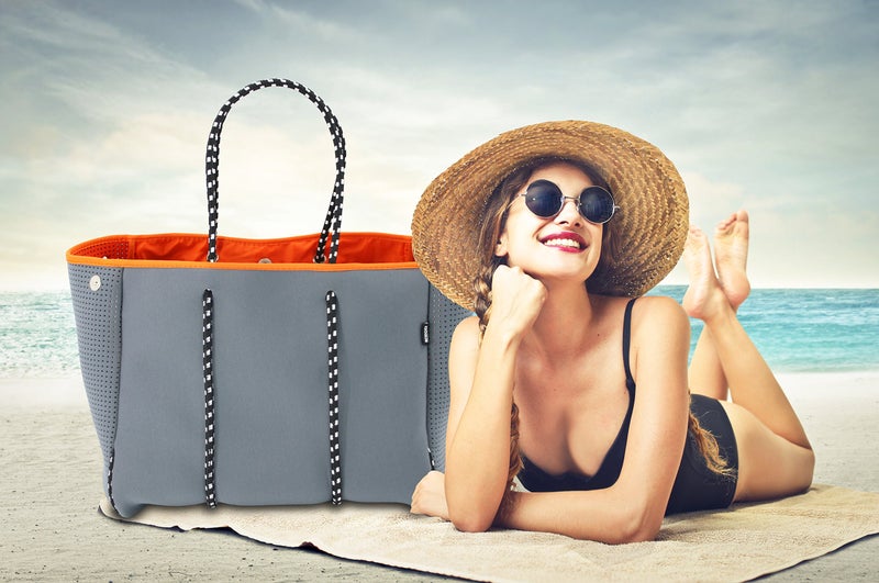 QOGiR Neoprene Multipurpose Beach Bag Tote with Inner Zipper Pocket (Grey, Large) - Image 2