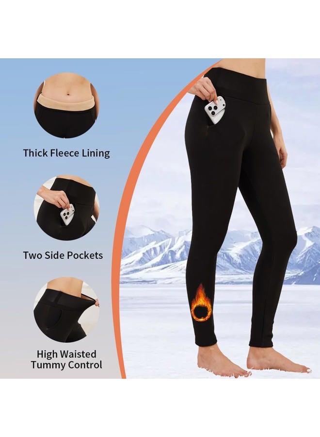Mincib Women's Fleece Lined Leggings Thermal Warm Winter Leggings High Waisted Tummy Control Jogger Yoga Pants with Pockets, Black, M - Image 4