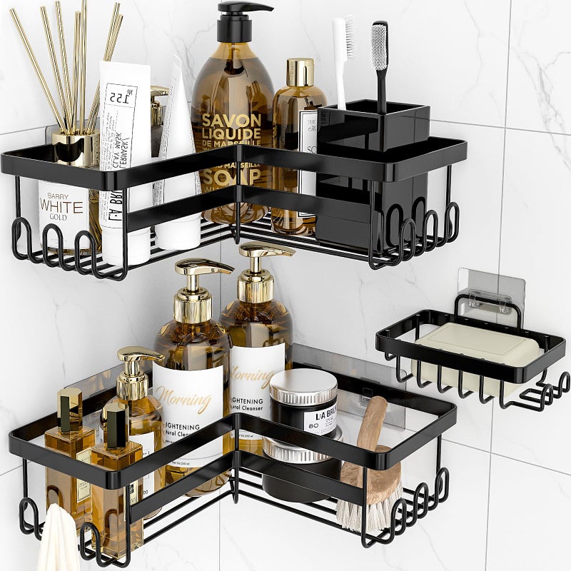StorageRight Corner Shower Caddy, 3 Pack Adhesive Bathroom Accessories with Soap Holder, Storage Stainless Shower Organizer Shelf with Hooks, No Drilling Shower Shelves for Bathroom, Dorm and Kitchen - Image 1