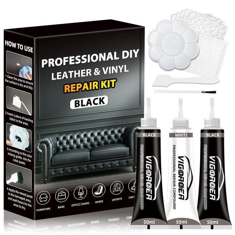 Vigorder Black Leather Repair Kit Car Interior, Vinyl Repair Kit for Furniture, Sofa, Jacket, Purse â€“ Super Easy Instructions to Fix Scratches, Tears, Holes, and Peeling - Image 1