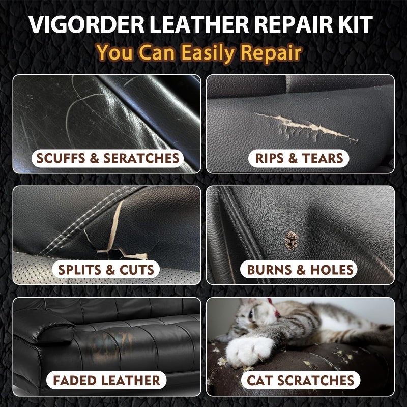 Vigorder Black Leather Repair Kit Car Interior, Vinyl Repair Kit for Furniture, Sofa, Jacket, Purse â€“ Super Easy Instructions to Fix Scratches, Tears, Holes, and Peeling - Image 2