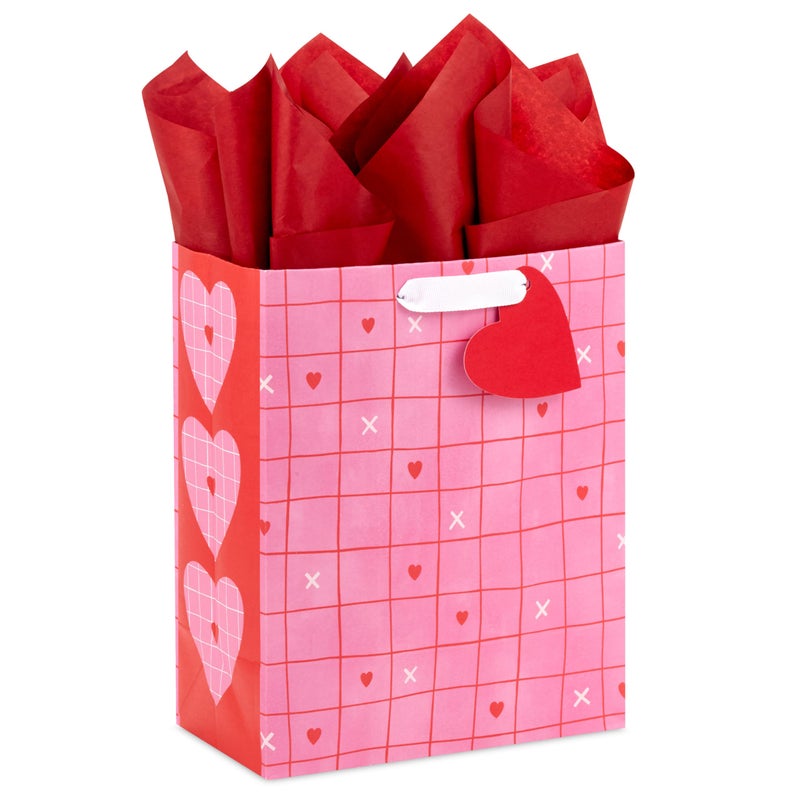 Hallmark 9 Medium Valentines Day Gift Bag with Tissue Paper Pink and Red Heart Grid