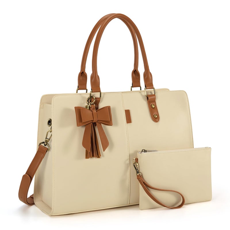 ECOSUSI Laptop Tote Bag Laptop Bag 156 inch Work Shoulder Briefcase Computer Messenger with Clutch Satchel Handbag 2 PCS Set Brown Beige