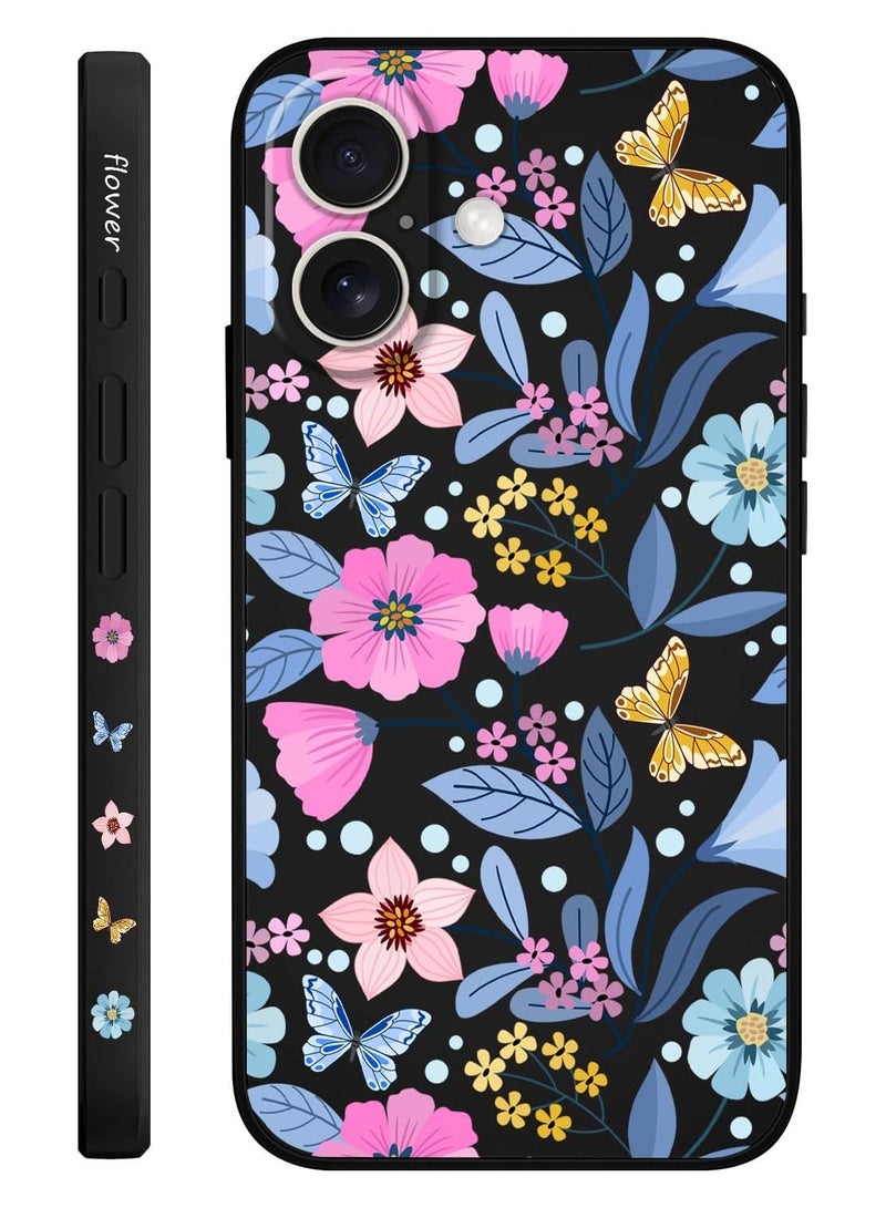 for iPhone 16 Plus Case Anti Scratch Microfiber Lining Phone Cover Silicone Ultra Slim Case for iPhone 16 Plus 6.7 inch-Flower Black - Image 1