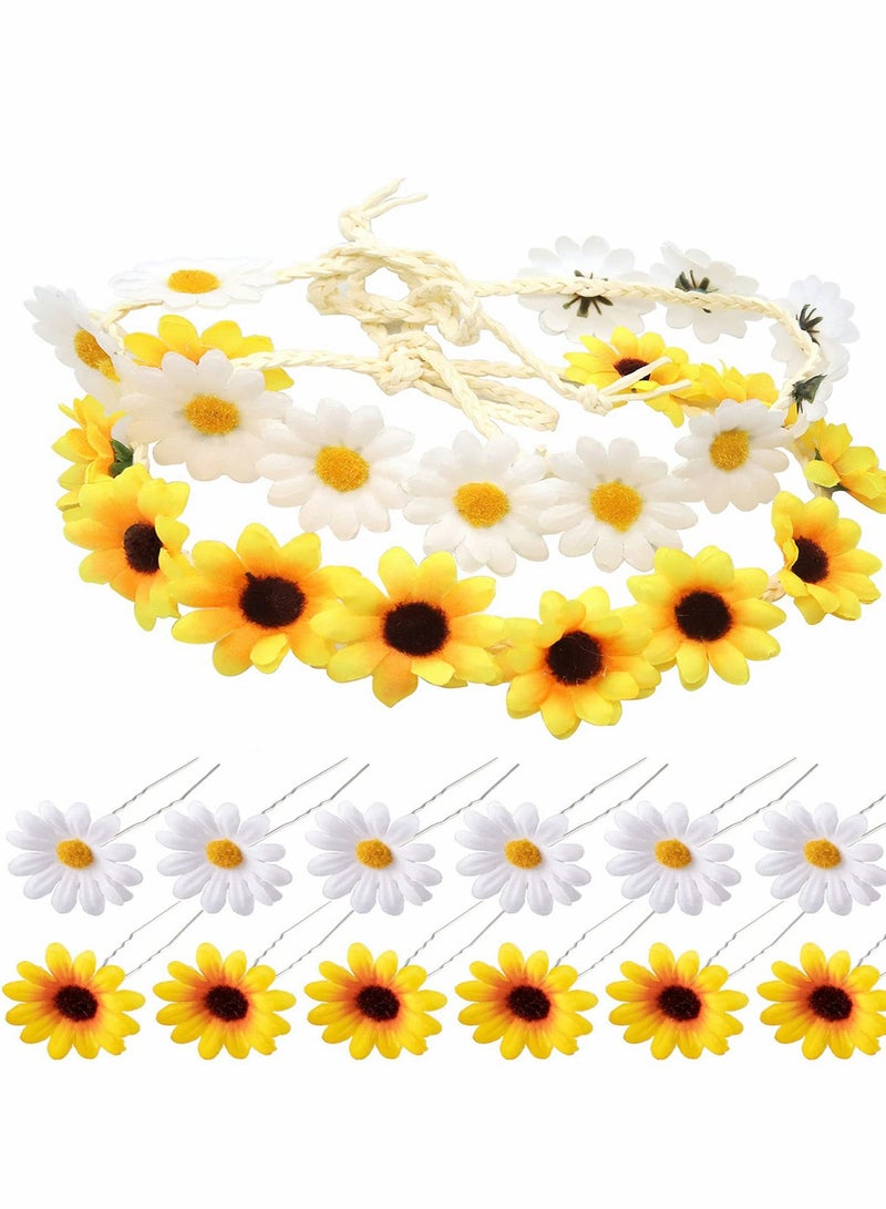 Excefore Sunflower Hair Clips 12 Pcs Floral Pins with 2 Wreath Hippie Headband Hairpins for Girls Women Wedding, Party, Picnic, Travel Accessories - Image 1