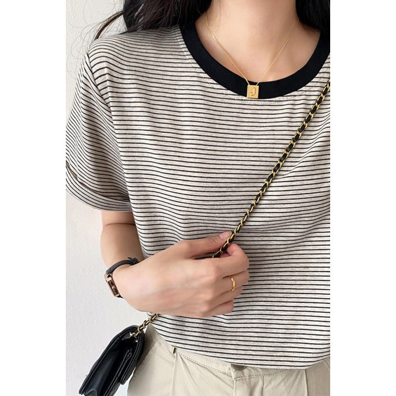Real S T-Shirt Striped Round Neck Loose Short-Sleeved Women'S Summer 2021 New Ins Censored Color-Matching Half-Sleeved Top Trendy - Image 5