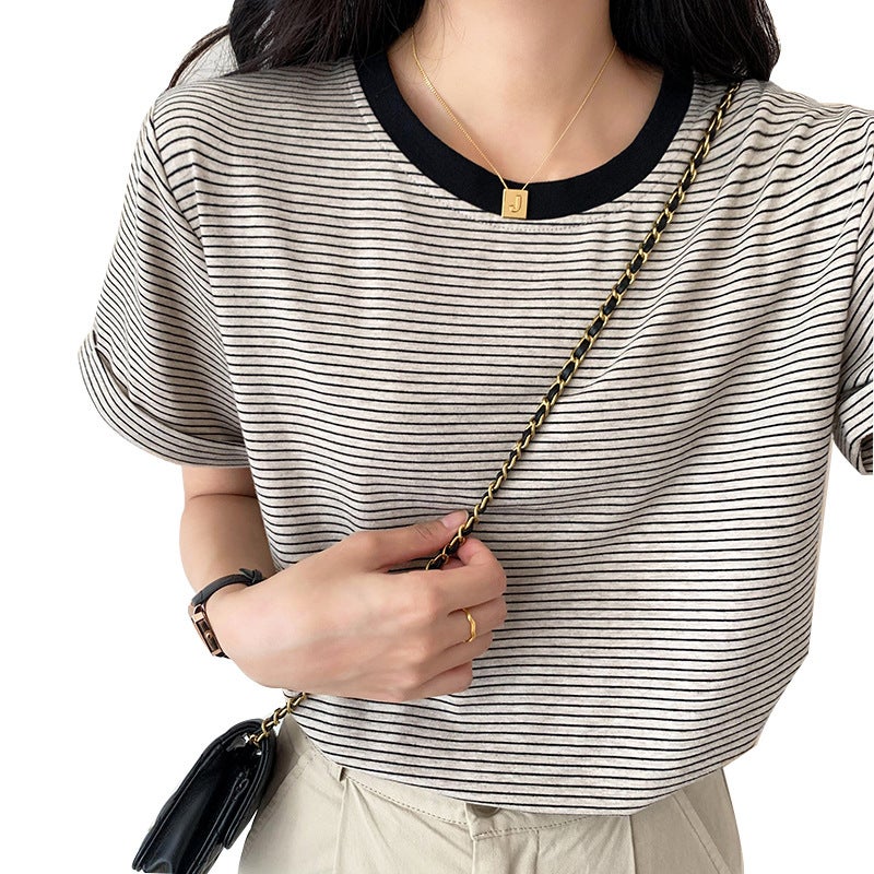 Real S T-Shirt Striped Round Neck Loose Short-Sleeved Women'S Summer 2021 New Ins Censored Color-Matching Half-Sleeved Top Trendy - Image 2