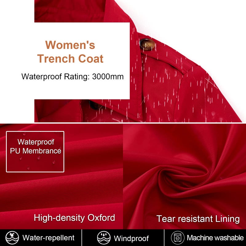 CREATMO US Womens Trench Coat Petite Waterproof Dress Coat With Hood Red XS - Image 4