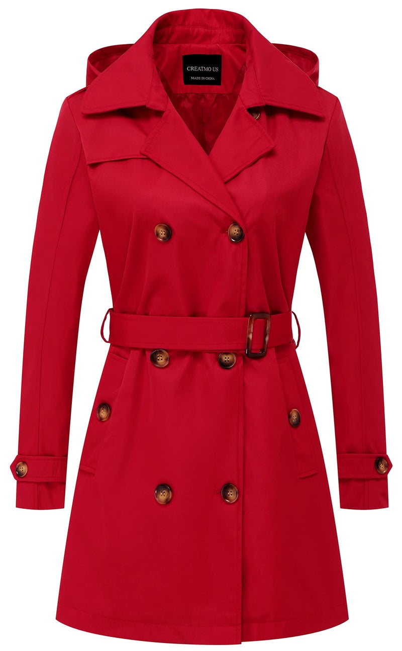 CREATMO US Womens Trench Coat Petite Waterproof Dress Coat With Hood Red XS - Image 1