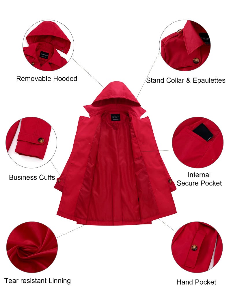 CREATMO US Womens Trench Coat Petite Waterproof Dress Coat With Hood Red XS - Image 5