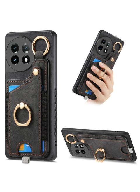 For OnePlus 11 Retro Skin-feel Ring Card Bag Phone Case with Hang Loop(Black)