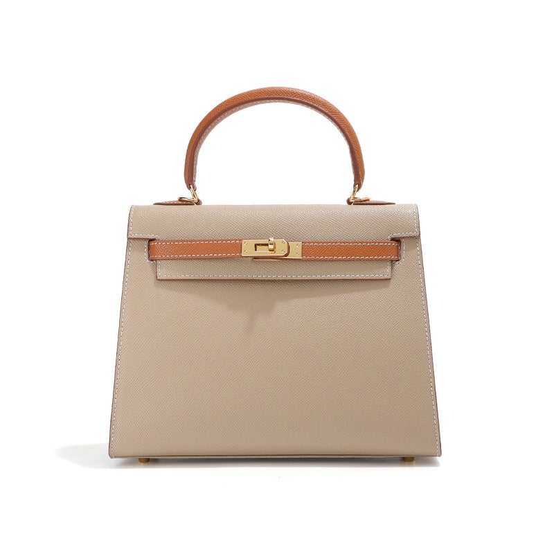 Outer Seam High-End Palm Print Cowhide Color Matching Kelly Bag Single Shoulder Genuine Leather Women'S Bag Hand-Held Crossbody Bag - Image 1