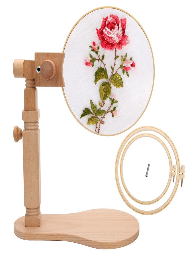 Catcan Embroidery Hoop Stand with 2 PCS 7'' 5'' Embroidery Hoops, Adjustable Rotated Wooden Cross Stitch Hoop Stand, Hands Free Embroidery Hoop Holder for Arts Crafts Sewing Embroidery Project - Image 1