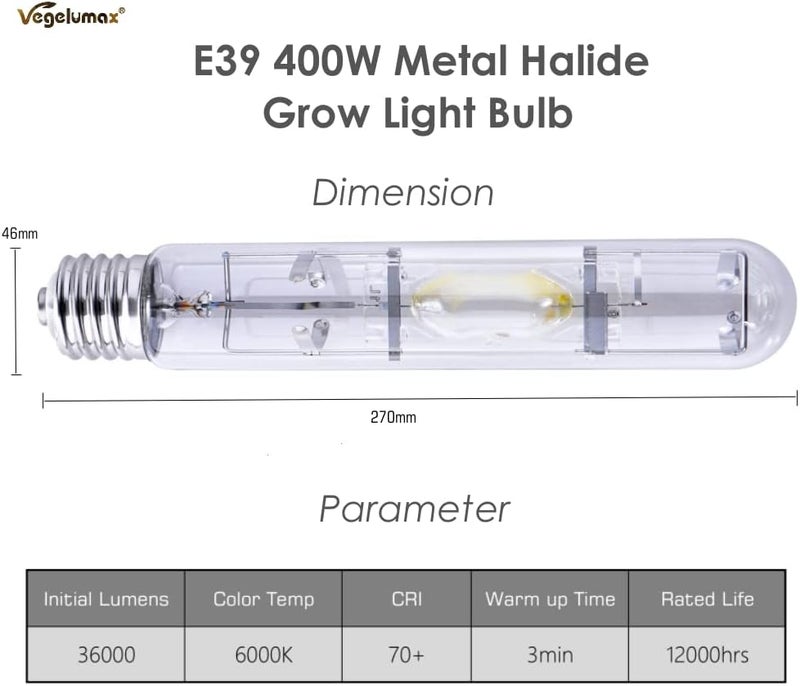 Vegelumax MH 400Watt Metal Halide HID Growing Light Bulb Lamp with High PAR Enhanced Blue and Violet Spectrum for Horticulture Vegetative Growth,CCT 6000K,36,000Lumens,E39 Base,2Pack - Image 3