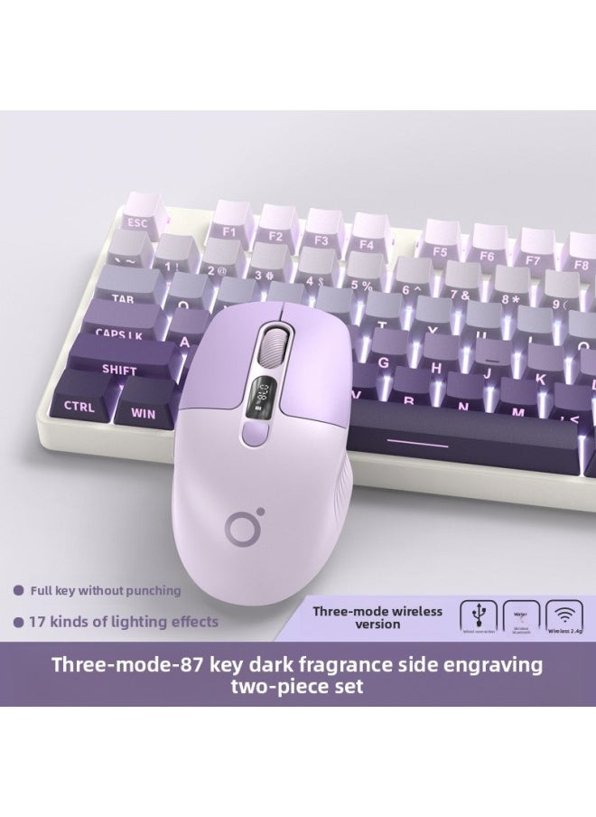 Generic Office 08 Mechanical 1 Three-mode Keyboard Mouse Suit Wireless Bluetooth Walker Front Girl Side Key Computer Game-Colour:Tea Axis (code Office) - Dark Fragrance 87 Keys [white Light - Side Engraving] Wireless Bluetooth Three-mode + Dual-mode Mouse  - Image 1