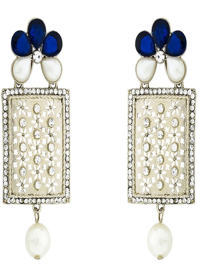 Zivom® Designer American Diamond Blue Pearl Rhodium Long Earring For Women - Image 1