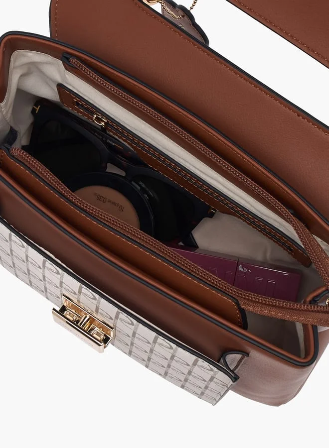 Paprika Women Monogram Print Satchel Bag with Grab Handle and Flap Closure