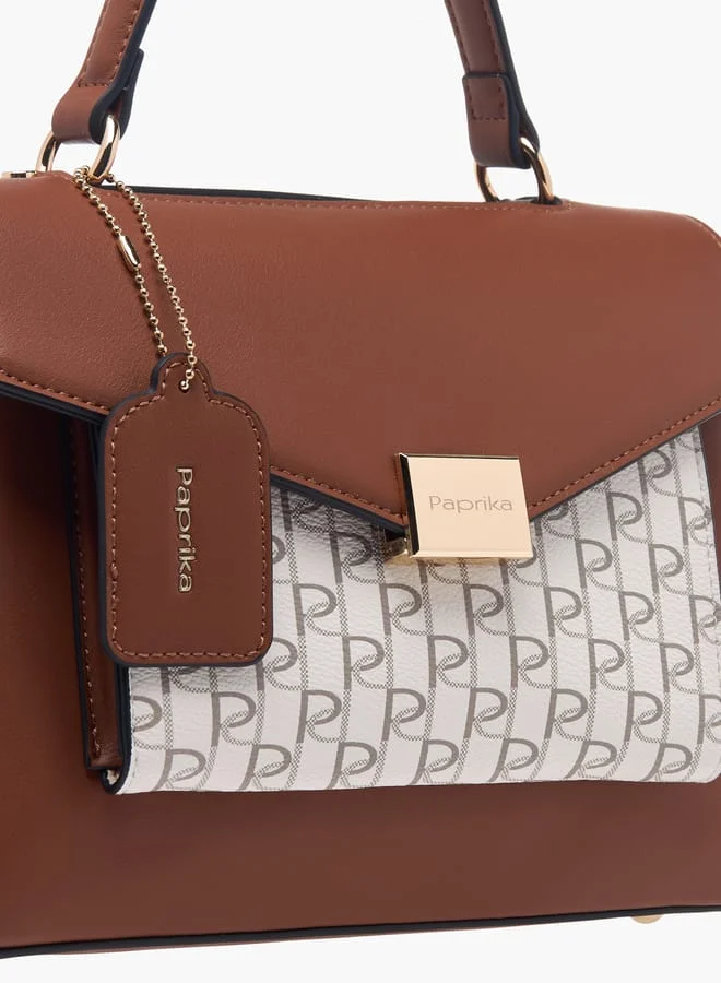 Paprika Women Monogram Print Satchel Bag with Grab Handle and Flap Closure