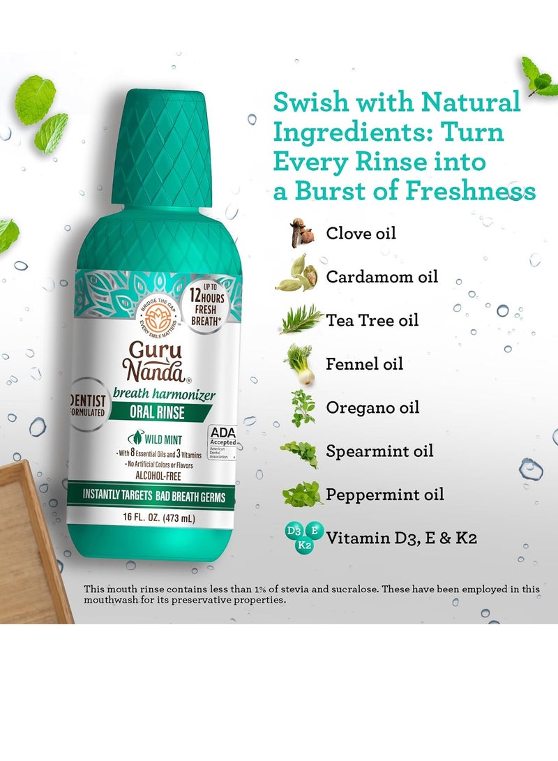 GuruNanda GuruNanda Oral Rinse Fresh Breath Mouthwash, ADA-Accepted Alcohol-Free Mouthwash, 7 Essential Oils & Vitamins, SLS & Flouride-Free, Wild Mint, 16 Oz  - Image 2