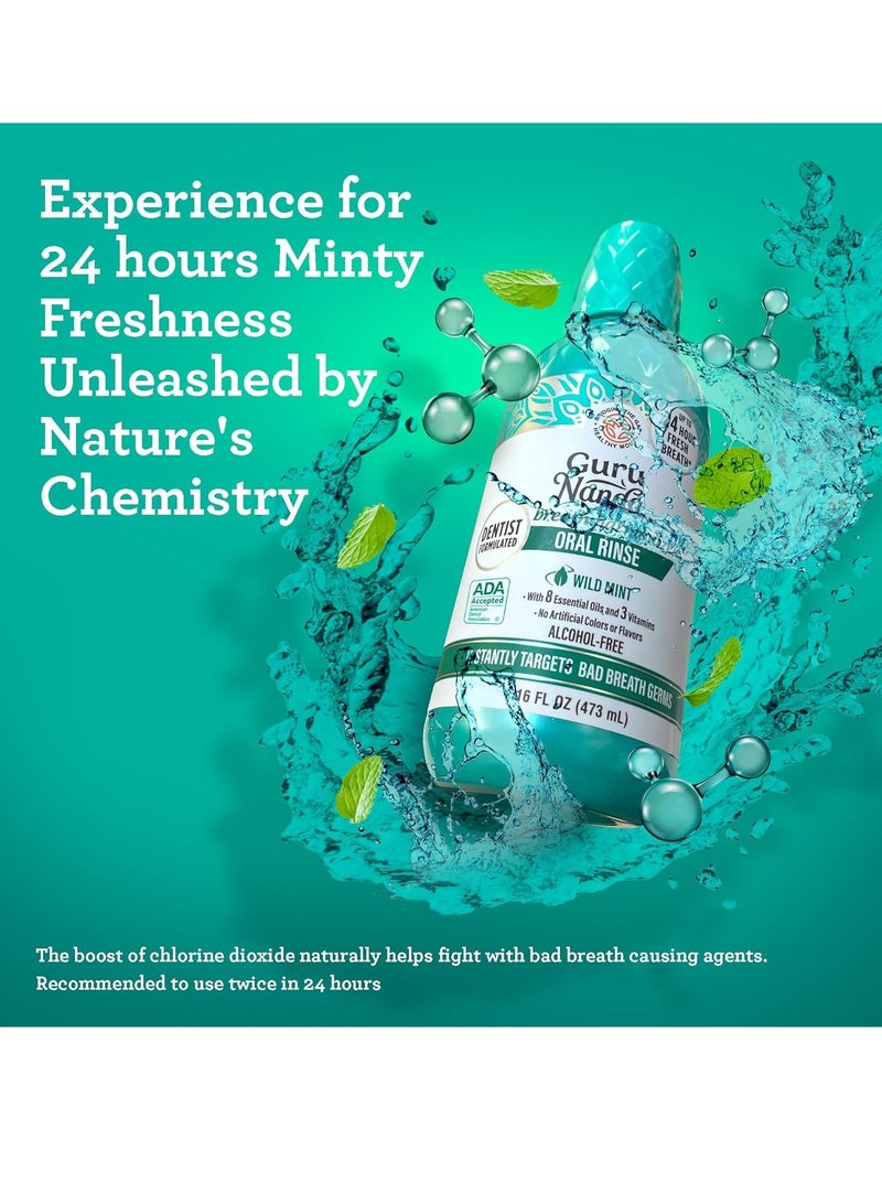 GuruNanda غسول فم جورو ناندا لتنشيط النفس، غسول فم خالي من الكحول ومعتمد من ADA، يحتوي على 7 زيوت أساسية وفيتامينات، خالي من SLS والفلورايد، نعناع بري، 16 أونصة
